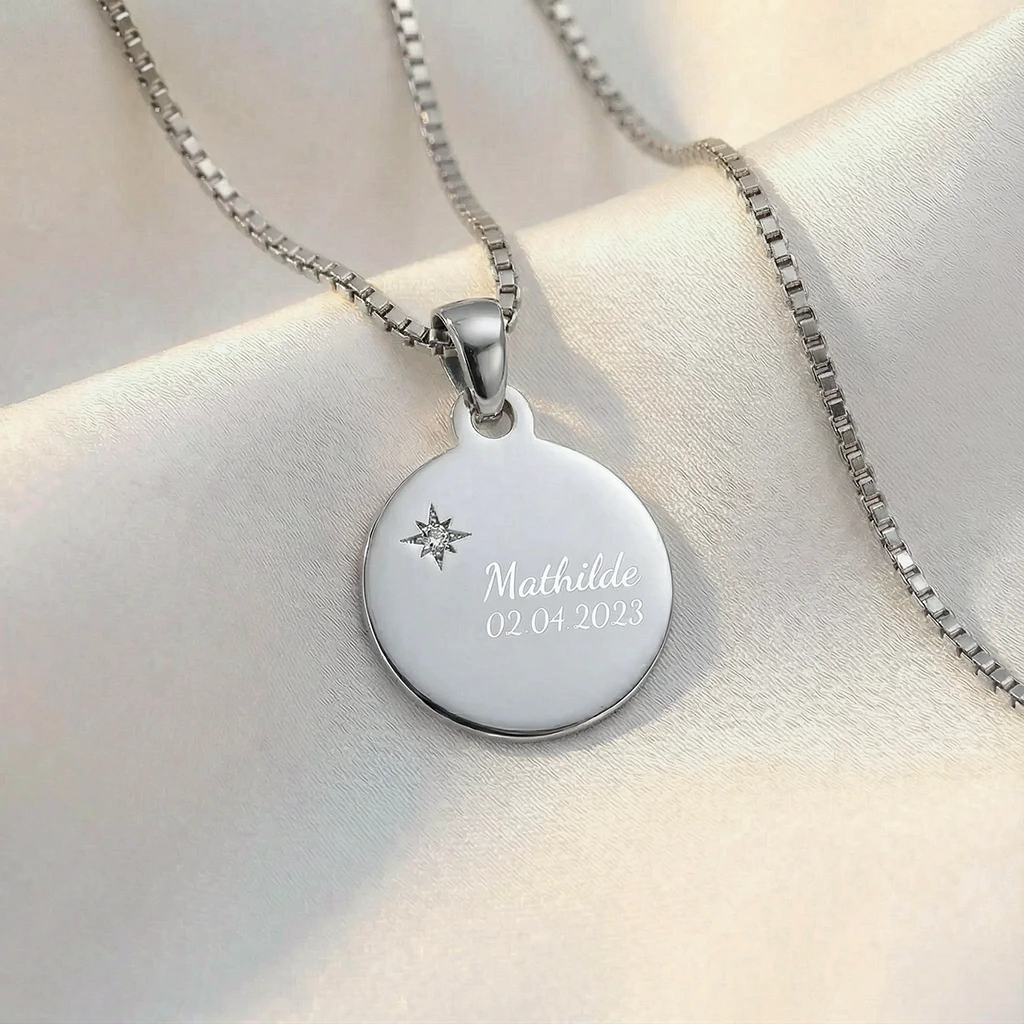 Sølv rund plade halskæde m/cz fra Siersbøl