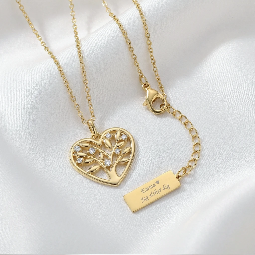 Livets Træ hjerte halskæde m. zirkoner, 18k forgyldt | Scrouples
