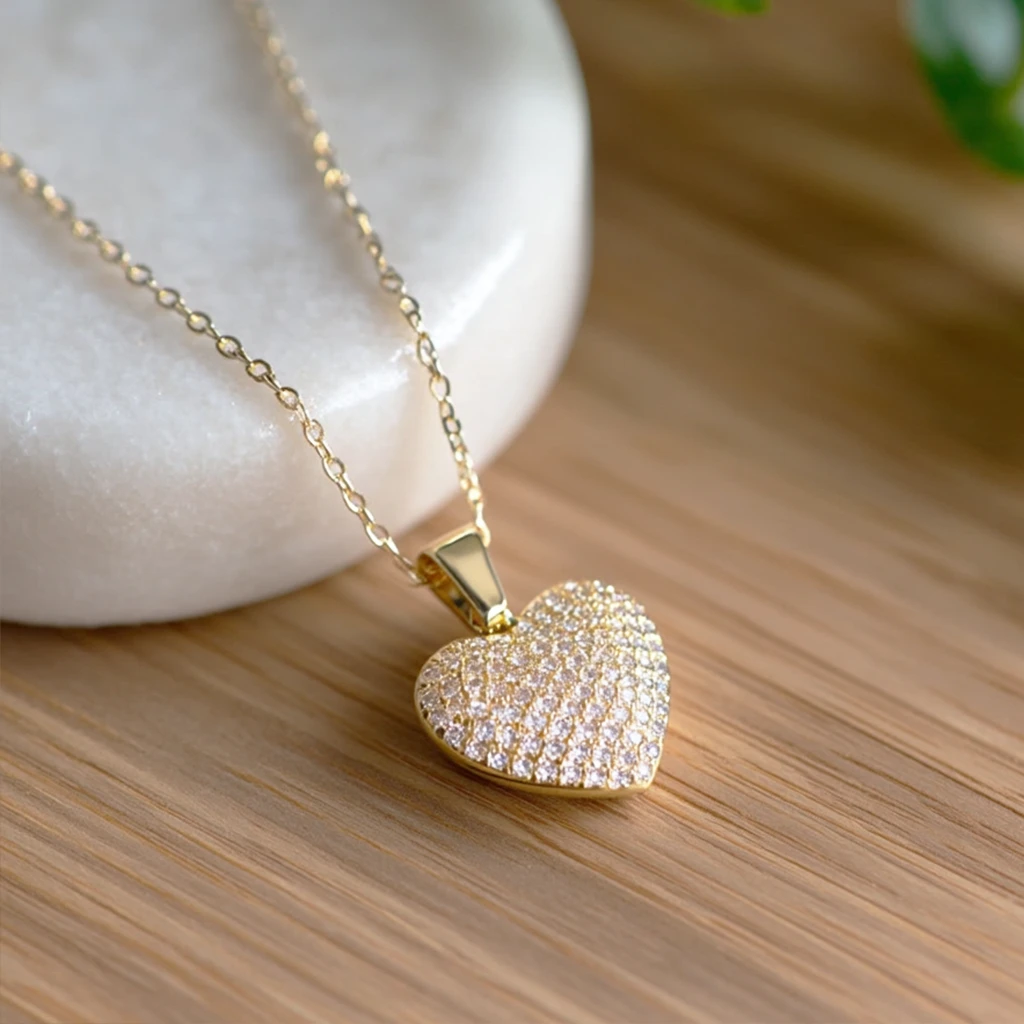 Hjerte halskæde m. zirkoner, 18K FG | CC Jewelries