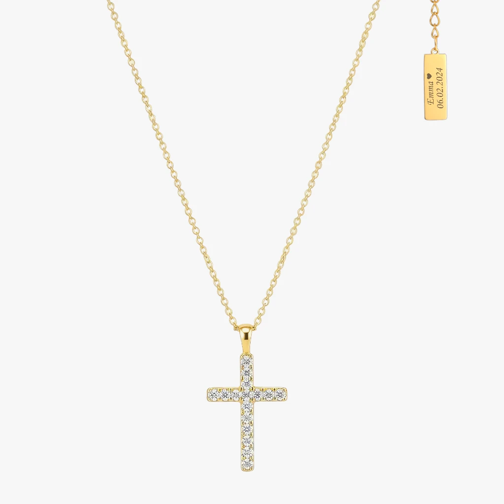 Kors halskæde med zirkoner, 18k forgyldt, m. gravering | CC Jewelries