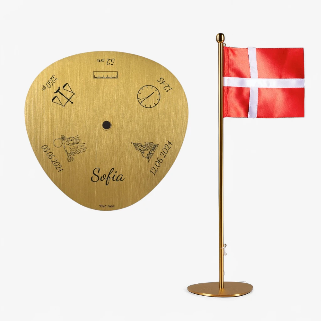 Piet Hein dåbsflag m. motiver på 35 cm (Messing)
