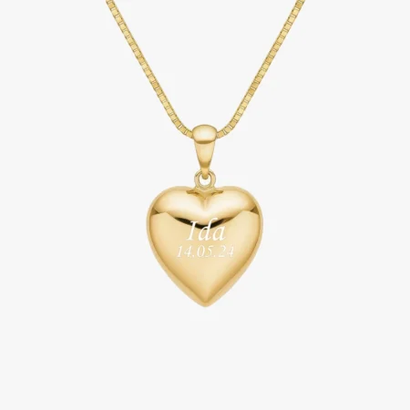 8 kt. guld hjerte halskæde fra Siersbøl med 18k forgyldt kæde. Gratis gravering på halepladen. C.Centrum