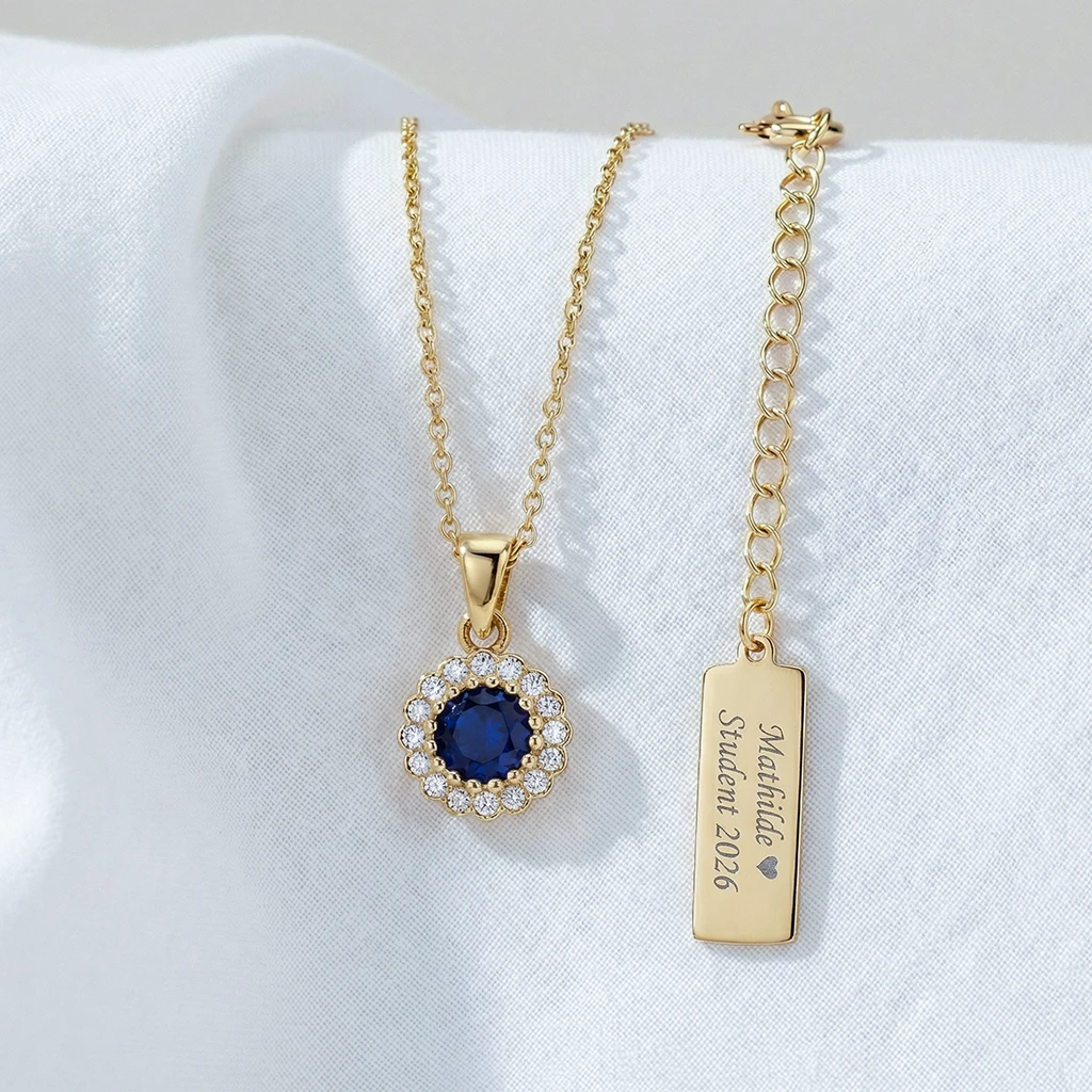 Student halskæde, Roset med blå zirkon | 8 kt. guld | Scrouples